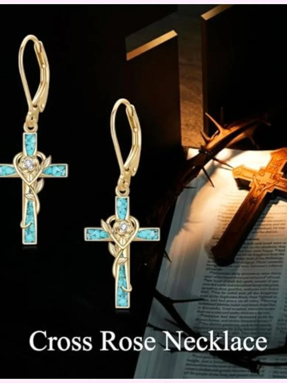 18k Gold Plated Rose Cross Turquoise Dangle Earrings Faith Jewelry Gift for